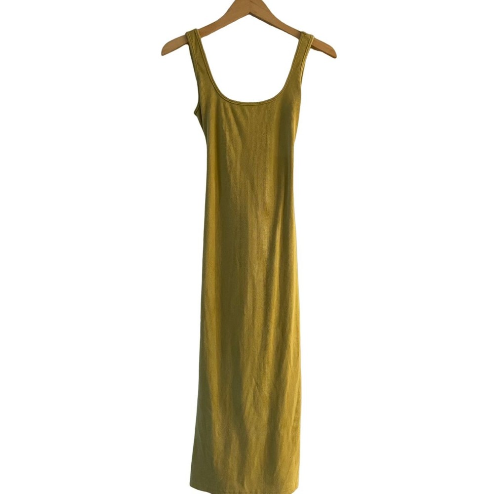 Lena‎ Ribbed Waist Tie Midi Bodycon Dress M Medium Green Square Neck Sleeveless